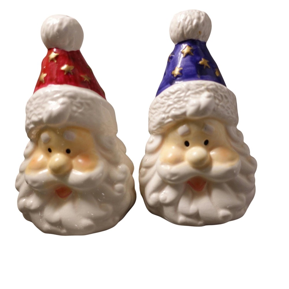 Christmas Santa Claus Salt and‎ Pepper Shakers Set Red Blue Ceramic Holiday